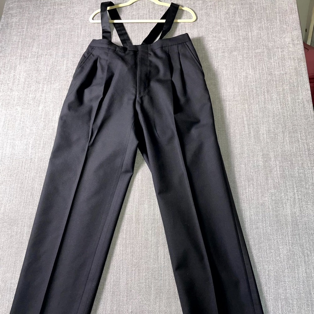 Mens Dress Pants 36 Black Wool Pleated Mid Rise Straight Leg Suspender Business